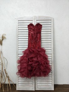 Burgundy Strapless Sequin Organza Ruffled Trumpet Dress
