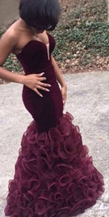 Burgundy Strapless Velvet Organza Ruffled Trumpet Dress