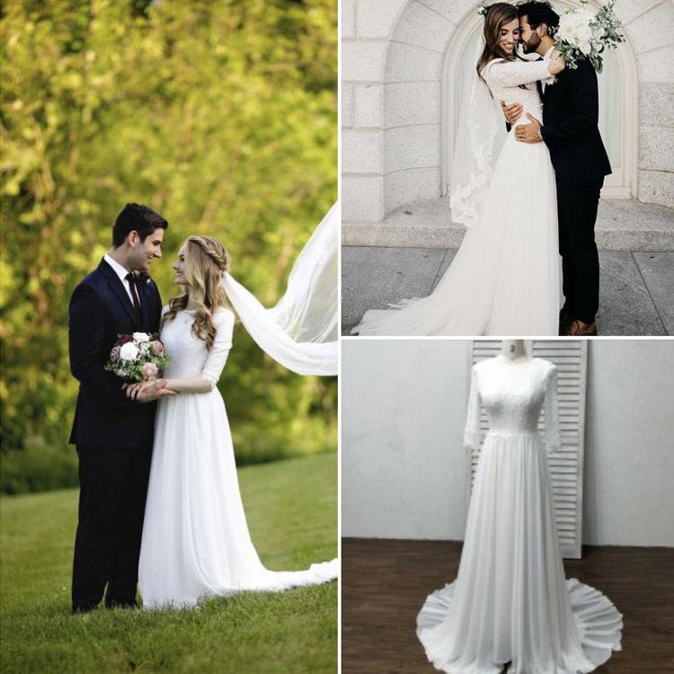 Ethereal Ivory Petite Size Lace Chiffon Custom Bridal Dress