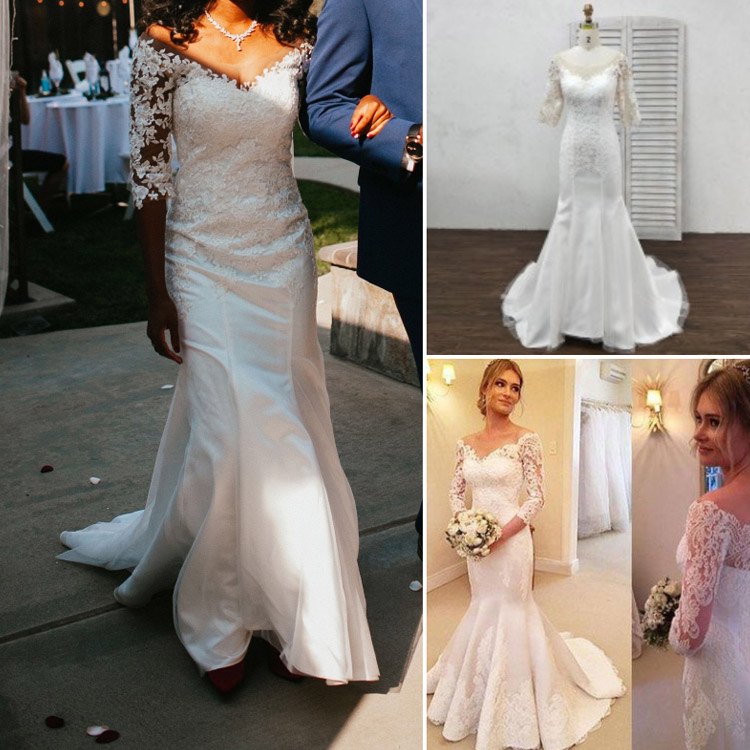 Ivory Lace Sleeve Satin Trumpet Spring Wedding Dress