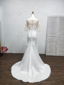 light ivory trumpet sheer lace satin wedding dress design
