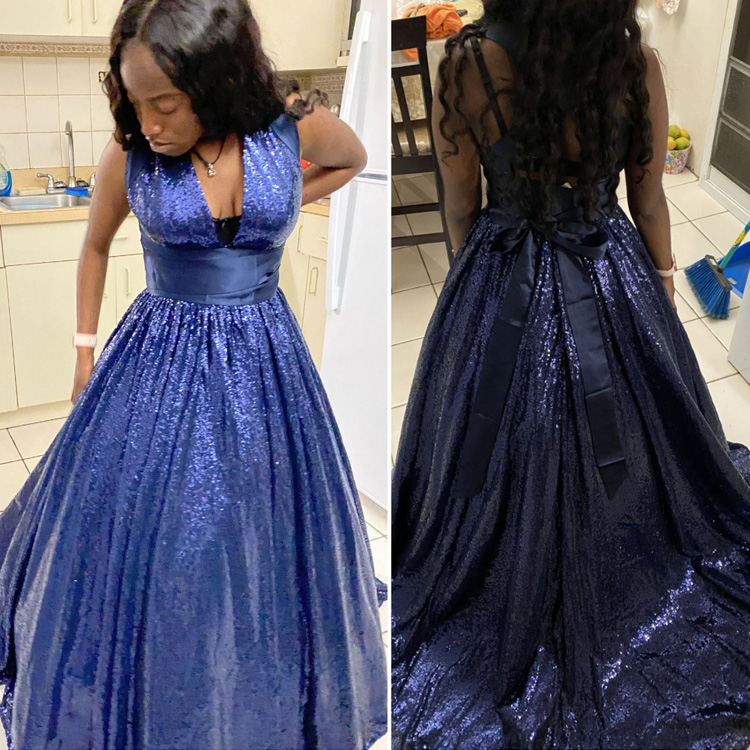 deep navy blue V neck custom floor length dress