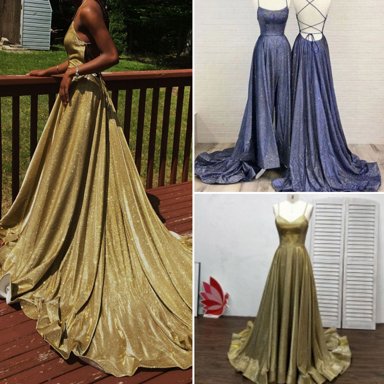 Stunning Gold glitter Custom V neck Slit Prom Dress