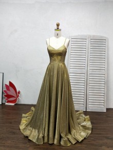 stunning gold V neck custom slit big prom dress