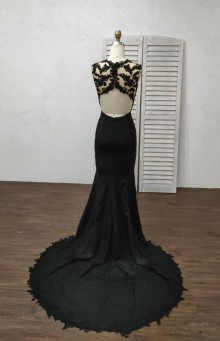 Sheer Back Black Sleeveless Lace Crepe Beautiful Mermaid Wedding Dress
