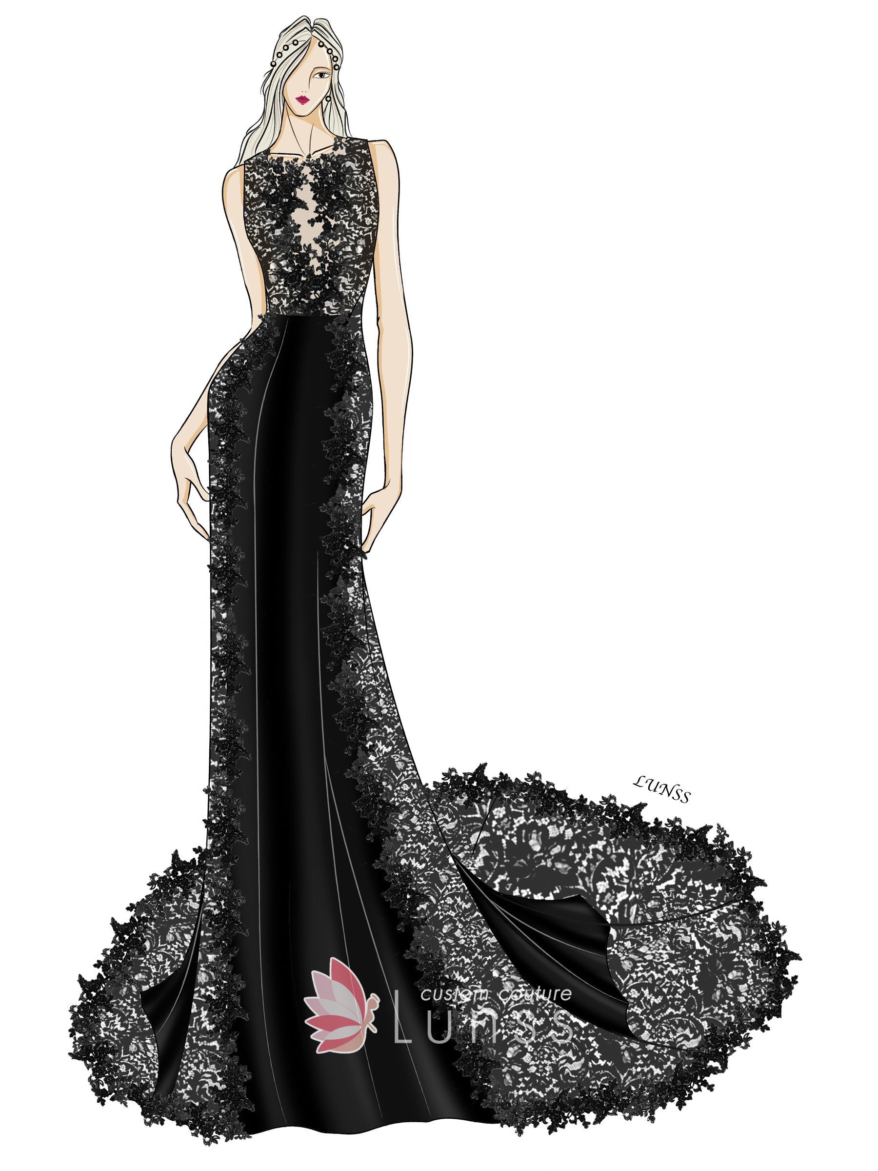 Black Sleeveless Lace Crepe Mermaid Wedding Dress - Lunss