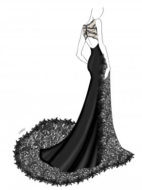 sheer back black mermaid lace wedding dress sketch