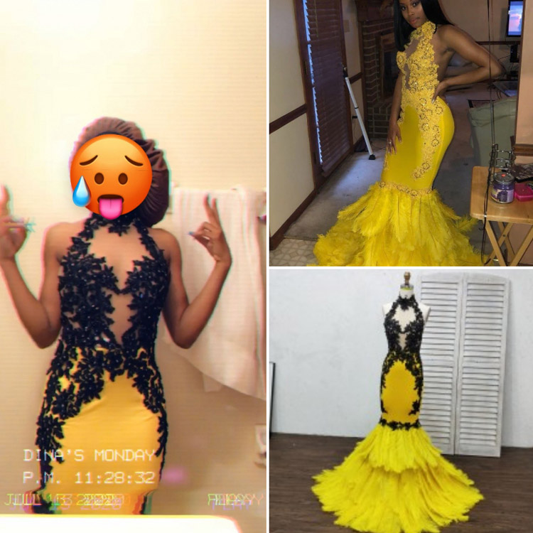 Unique black applique yellow feather mermaid prom gown