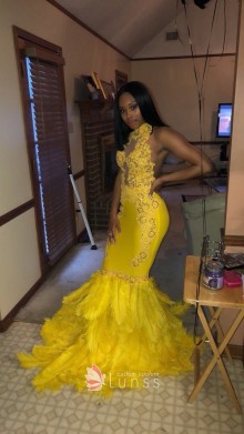 Yellow halter beaded applique feather mermaid prom gown
