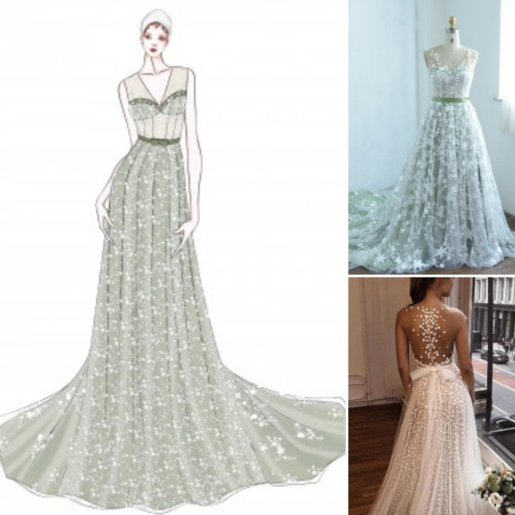 Stars Overlaid Green Corset V neck Custom Wedding Dress