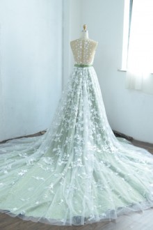 sheer back ivory stars overlaid green satin customized wedding dress