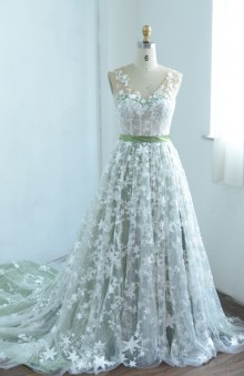 sheer corset V neck ivory stars overlaid green satin customized wedding dress