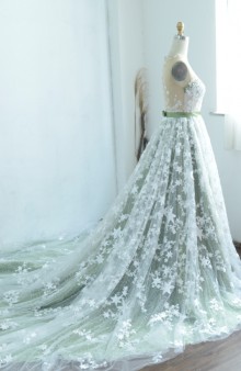 super long train sheer ivory stars overlaid green satin customized wedding dress