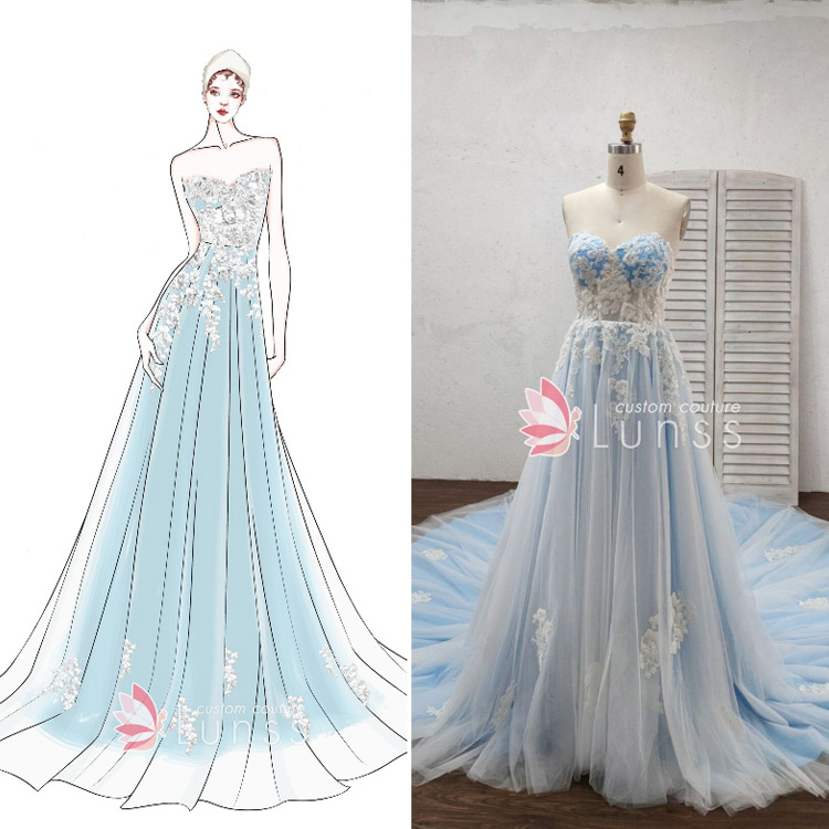 Beautiful Beaded Lace Blue Halter Formal Wedding Gown