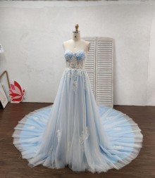 Beautiful ivory beaded lace detachable halter blue formal wedding gown