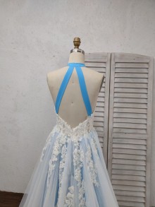 blue detachable halter neck Beautiful ivory beaded lace back