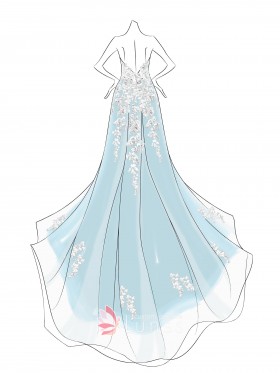 chapel train ivory lace overlaid blue wedding dress sketch