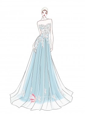 ivory lace overlaid blue wedding dress sketch