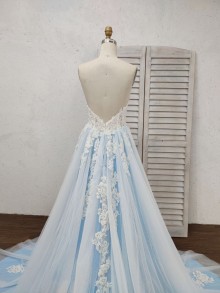 sexy V back ivory beaded lace blue formal wedding gown