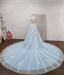 super long train ivory beaded lace blue formal wedding gown