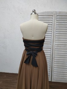 Brown strapless slit A line chiffon dress with black lace up back