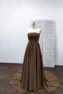 Brown strapless straight across slit A line chiffon dress