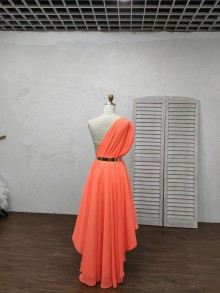 One Shoulder Orange Chiffon Overlaid Champagne Satin High Low Dress Design