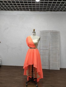 One Shoulder Orange Chiffon Overlaid High Low Dress Design