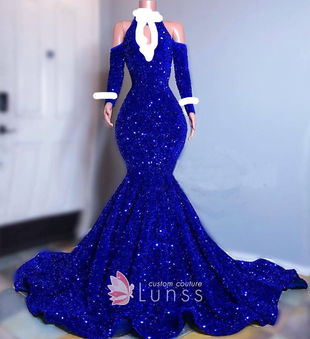 Royal Blue Sequin Cold Shoulder Mermaid Pageant Dress - Lunss