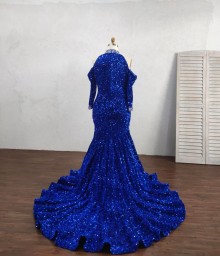 closed back royal blue cold shoulder sleeve mermaid sequin design pageant dress
