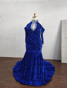 royal blue cold shoulder sleeve keyhole mermaid sequin design pageant dress