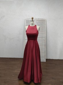 burgundy halter satin custom bridesmaid dresses