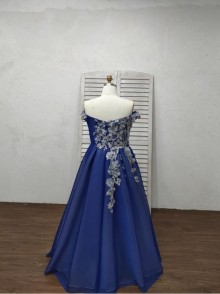 Grey 3D Embroidered Flowers Royal Blue Handmade Off shoulder Ball Gown Dress