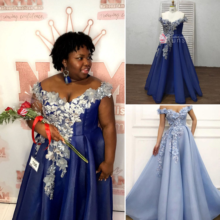Royal Blue Handmade Off shoulder 3D Flowers Ball Dress