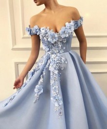 baby blue off shoulder 3D embroidery flowers sheer bodice