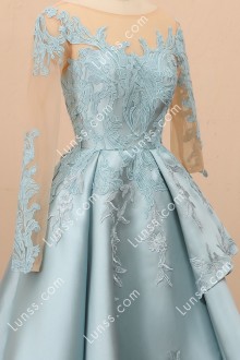 Blue asymmetrical sleeve lace applique layered prom dress reference