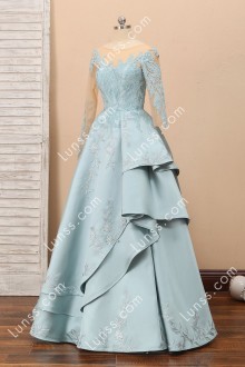 Blue long sleeve lace applique illusion prom dress reference