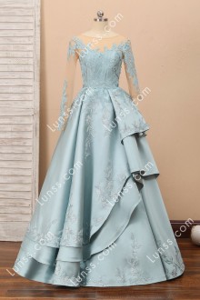 Blue long sleeve lace applique layered prom dress reference