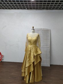 Custom Gold Full Long Sleeves Lace Engagement Dress