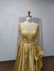 Custom Gold Full Long Sleeves Lace Illusion Neck Engagement Dress