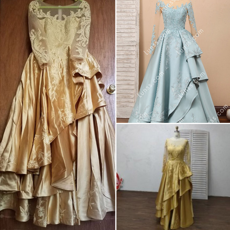 Full Long Sleeves Gold Lace Custom Engagement Dress