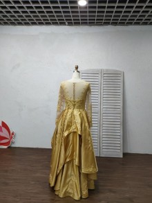 Sheer Back Custom Gold Full Long Sleeves Lace Engagement Dress