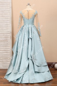 sheer back blue long sleeve lace applique prom dress reference
