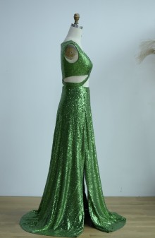 Sparkling Dark Green Sexy Plunging Cutout Slits Prom Dress