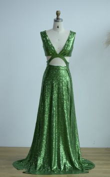 Sparkly Dark Green Sexy Plunging Cutout Slits Party Gown