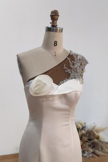 sheer beaded one shoulder white satin wedding dress