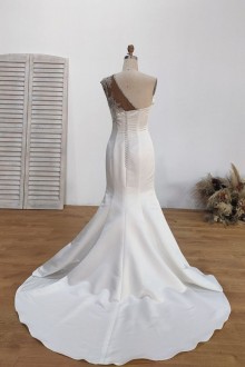 white satin mermaid one shoulder wedding dress court train
