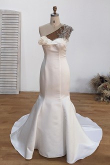 white satin mermaid one shoulder wedding dress