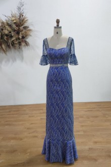 silver glitter overlaid royal blue long column dress navy stars flutter sleeves
