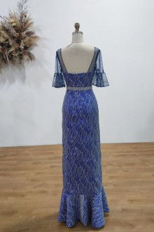 silver glitter overlay royal blue long column dress navy stars flutter sleeves